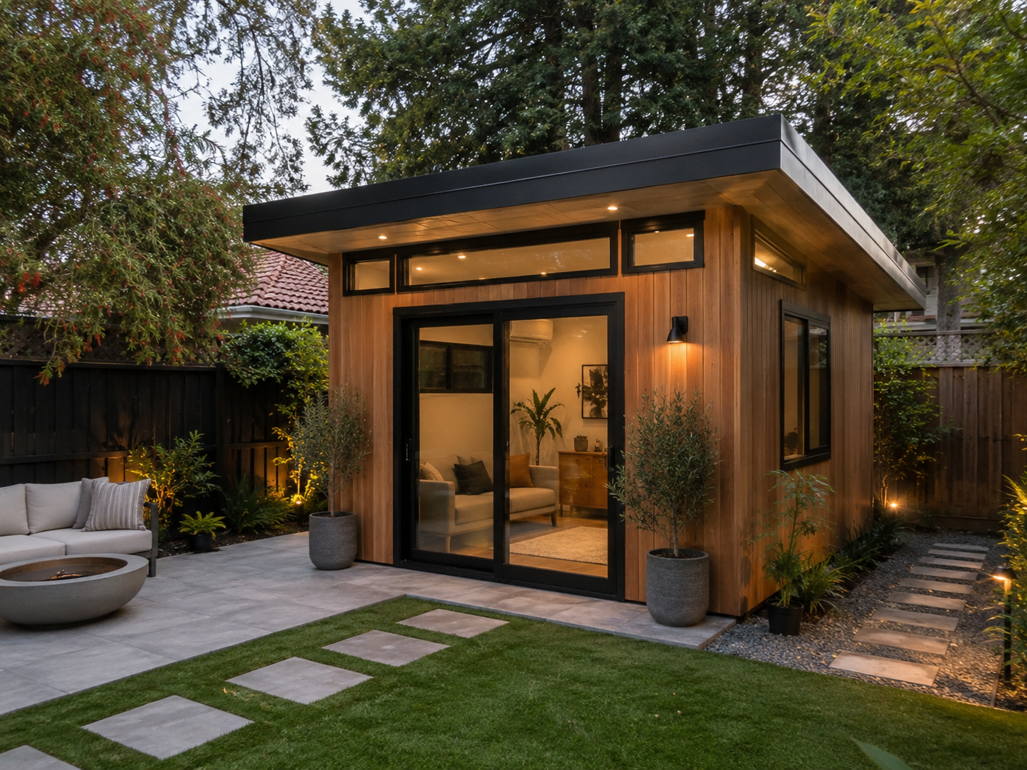 Modern cedar-clad backyard ADU at dusk with sliding glass doors, paver patio, and warm interior lighting — recently completed by HN Construction