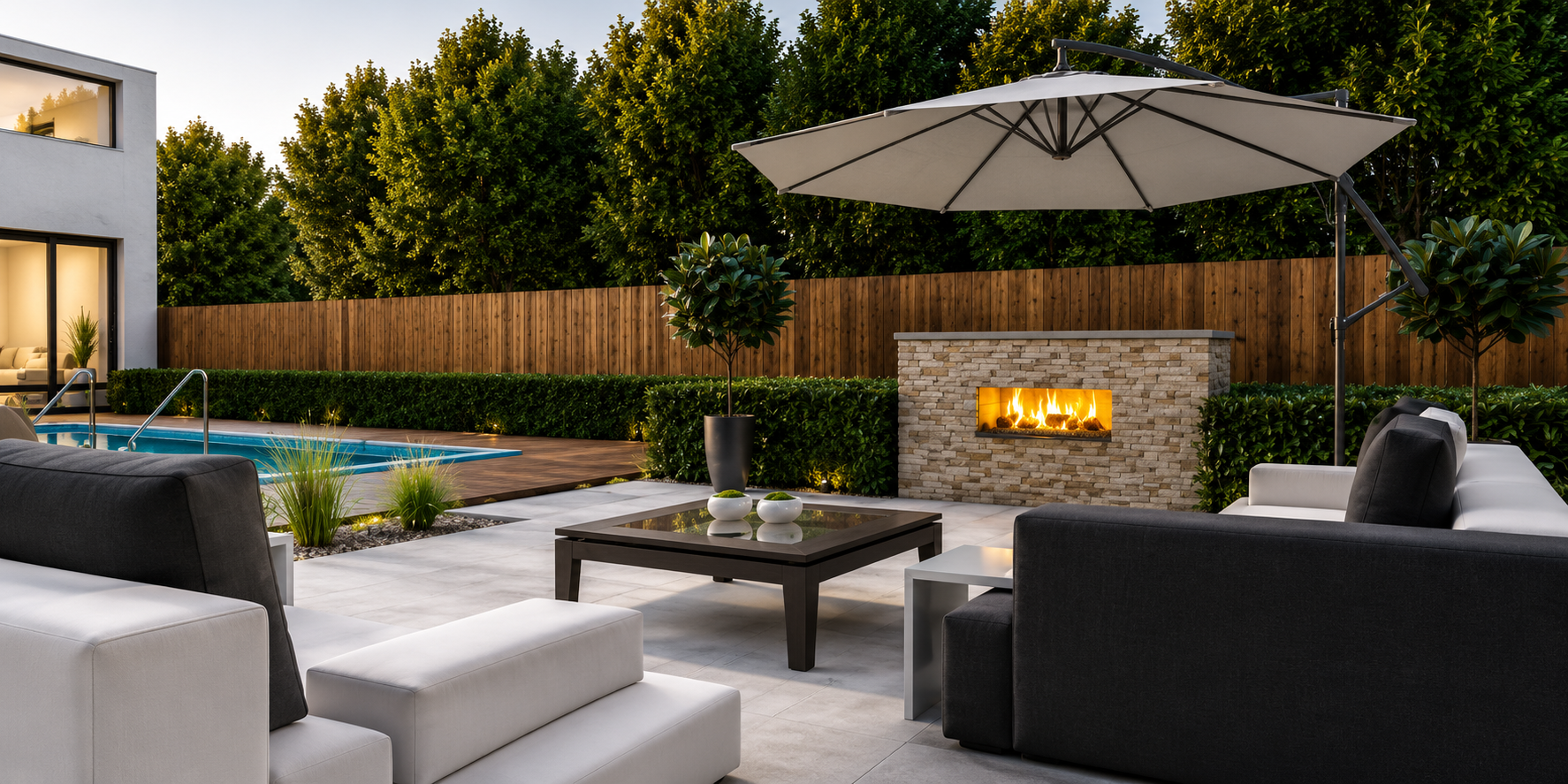 Richardson backyard paver patio with stone fire pit, white sectional seating, and concrete stools